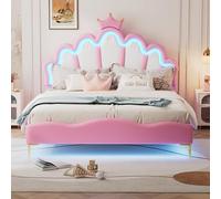 Cama Princesa 140 x 200 con LED, Cama Infantil Acolchada con cabecera Ajustable, PU, sin colchón, Rosa