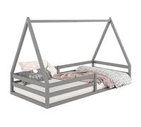 Cama Sila de pino macizo, bonita cama Montessori de 90 x 200 cm, cuna estable con protección anticaída y techo en color gris