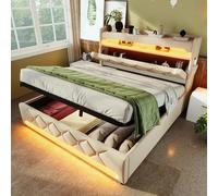 Cama tapizada 140 x 200 cm, cama individual con cajón, LED, USB-C, lino | Cama de almacenamiento hidráulico, 360° LED por aplicación, mando a distancia y temporizador, cabecero con estantes