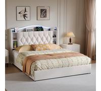 Cama Tapizada 140x190 cm con Luces LED y Carga, Canapé con Almacenaje Hidráulico y Arcón, Estructura de Cama Juvenil de Terciopelo Beige con Cabecero Funcional y Somier de Láminas (Sin Colchón)