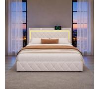 Cama Tapizada 140x190 con almacenaje,Cama Matrimoniales con 4 Cajones Cama Doble con Somier Cama Acolchada con USB y Luz LED Marco de Cama con Cabecero Cama Juvenil, Terciopelo Beige, Sin Colchón