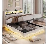 Cama Tapizada 140x200,Cama Matrimonio 140x200cm con Carga USB y Cabecero LED,Cama Matrimoniales con Almacenamiento Hidráulico,Camas Juveniles Cama acolchada con Somier,Sin Colchon,terciopelo beige