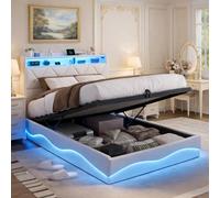Cama Tapizada 140x200,Cama Matrimonio 140x200cm con Carga USB y Cabecero LED,Cama Matrimoniales con Almacenamiento Hidráulico,Camas Juveniles Cama acolchada con Somier,Sin Colchon,terciopelo beige