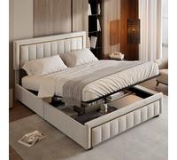 Cama tapizada 140x200 cm, Cama Doble con canapé, hidráulica, cabecero con Borde Dorado, canapé con somier de láminas, Beige, Terciopelo