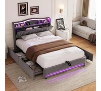 Cama Tapizada 140x200 cm, Cama Matrimonio Cama Juvenil, LED Cabecero con Carga USB, Camas Matrimoniales con 4 cajones, Estructura Camas Doble con Lamas, Sin Colchón,Terciopelo