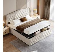 Cama Tapizada 140x200 cm con Canapé Abatible y Somier, Estructura de Cama Doble de Terciopelo con Espacio de Almacenaje, Cabecero Ondulado con Remaches, Soporta 250 kg, Blanco Crema (Sin Colchón)