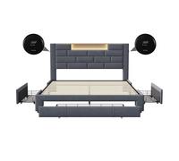 Cama tapizada 140x200 cm con función de carga usb y tipo-c, 3 cajones, somier de láminas y funda de terciopelo, cama juvenil y doble, diseño clásico