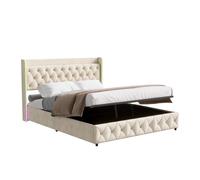 Cama tapizada 140x200cm con led y usb, somier hidráulico con somier de láminas, espacio de almacenaje y estructura de metal, ropa de cama juvenil cama doble, beige