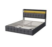 Cama tapizada 140x200cm con usb y enchufes, cama juvenil de matrimonio con somier y espacio de almacenaje, cama con canapé con led, lino, gris