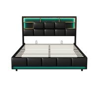 Cama tapizada 140x200cm con usb y enchufes, cama juvenil de matrimonio con somier y espacio de almacenaje, cama canapé con led, polipiel, color negro