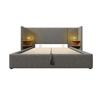 Cama tapizada 160×200 - con mesita, lámpara de lectura y carga usb type-c, estructura de madera y metal con almacenamiento - gris