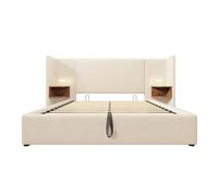 Cama tapizada 160×200 - con mesita, lámpara de lectura y usb type-c, almacenamiento, estructura de madera y metal, beige-blanco