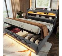Cama tapizada 160 x 200 cm, cama individual con cajón, LED, USB-C, lino | Cama de almacenamiento hidráulico, 360° LED por aplicación, mando a distancia y temporizador, cabecero con estantes