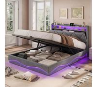 Cama Tapizada 160x200,Cama Matrimonio 160x200cm con Carga USB y Cabecero LED,Cama Matrimoniales con Almacenamiento Hidráulico,Camas Juveniles Cama acolchada con Somier,Sin Colchon,terciopelo gris