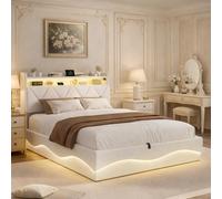 Cama Tapizada 160x200,Cama Matrimonio 160x200cm con Carga USB y Cabecero LED,Cama Matrimoniales con Almacenamiento Hidráulico,Camas Juveniles Cama acolchada con Somier,Sin Colchon,terciopelo beige