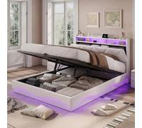 Cama Tapizada 160x200,Cama Matrimonio 160x200cm con Carga USB y Cabecero LED,Cama Matrimoniales con Almacenamiento Hidráulico,Camas Juveniles Cama acolchada con Somier,Sin Colchon,terciopelo beige