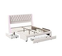 Cama tapizada (160x200 cm), cama doble con somier y 3 cajones, iluminación led, estructura de cama de madera, cama juvenil o con canapé, funda de terciopelo, color beige