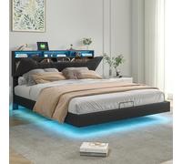 Cama Tapizada 160x200 cm, Cama Matrimonio 160x200 con Cabecero LED y Carga USB, Camas Matrimoniales Cama Juvenil con Almacenaje Hidráulico, camas flotantes Cama Doble con Somier,Sin Colchon,PU