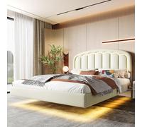 Cama Tapizada 160x200 cm, Diseño Flotante, Cabecero con Almacenamiento, LED Ajustable + USB, Estructura de Metal Resistente, Almacenamiento Bajo Cama,Blanco