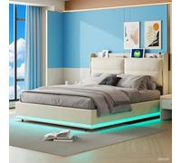 Cama Tapizada 160x200 cm, Doble persona con Ascensor Hidráulico y Espacio de Almacenamiento, Marco de Cama con Base de Listón, Cama Led, Para Adultos y Adolescentes, Sin Colchón (Broto Blanco B, 160 x