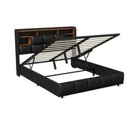 Cama tapizada 160x200cm con usb y enchufes, cama juvenil de matrimonio con somier y espacio de almacenaje, cama canapé con led, polipiel, color negro