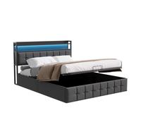 Cama tapizada 160x200cm con usb y enchufes, cama juvenil de matrimonio con somier y espacio de almacenaje, cama con canapé con led, lino, gris