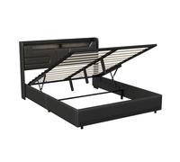 Cama tapizada 160x200cm con usb y enchufes, cama juvenil de matrimonio con somier y espacio de almacenaje, cama canapé con led, polipiel, color negro