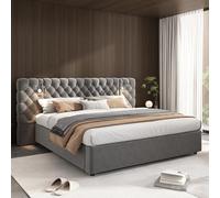 Cama tapizada 180x200 cm, cama hidráulica, canapé, cama de matrimonio, cabecero ancho y suave, con iluminación y espacio de almacenaje, somier de láminas de madera, fácil montaje, terciopelo, gris