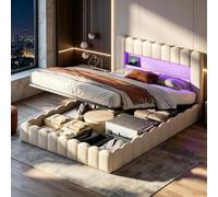 Cama Tapizada 180x200 cm con LED y USB/Tipo-C, Camas Dobles Baúl con Almacenamiento Hidráulica, Cama Acolchada de 180 x 200 con Somier de Marco Cama Matrimonio Cama Funcional(Beige-2I)