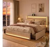 Cama Tapizada 180x200 con Espacio de Almacenamiento, Cama Matrimonial con Toma USB y luz LED, Cama Juvenil con 4 Cajones, Estructura de Cama con cabecero y somier, Tela de Lino, Sin Colchón, Beige