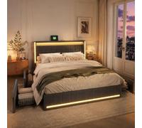 Cama Tapizada 180x200 con Espacio de Almacenamiento, Cama Matrimonial con Toma USB y luz LED, Cama Juvenil con 4 Cajones, Estructura de Cama con cabecero y somier, Tela de Lino, Sin Colchón, Gris