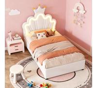 Cama tapizada, 90 x 200 cm, sin colchón, tira de luz LED, con mecanismo de elevación hidráulica, cama de princesa en forma de corona, cabecero ajustable, PU, blanco