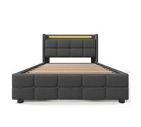 Cama tapizada 90x200cm - función de carga usb, cabecero con iluminación led y 2 cajones - gris