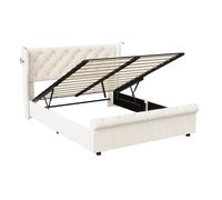 Cama tapizada beige (160x200cm): somier hidráulico con luz de lectura en el cabecero, función de carga usb y somier de láminas como cama doble juvenil.