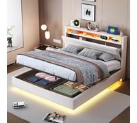Cama tapizada, cama doble, cama juvenil LED, cama hidráulica, cama con almacenaje, cama funcional, estructura de cama con espacio de almacenaje y somier, cabecero con almacenaje,White-140x200cm