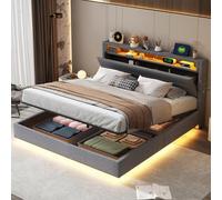 Cama tapizada, cama doble, cama juvenil LED, cama hidráulica, cama con almacenaje, cama funcional, estructura de cama con espacio de almacenaje y somier, cabecero con almacenaje,Grey-160x200cm