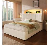 Cama tapizada, cama individual, con cabecero de almacenamiento regulable en altura, cama hidráulica con iluminación LED y estación de carga USB/tipo C, terciopelo, beiger, incluye somier, 90 x 200 cm