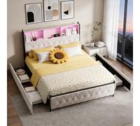 Cama tapizada con 2 funciones de carga USB e iluminación RGB, cama doble con 4 cajones, cama de almacenamiento, estructura de cama con somier, marco de metal, sin colchón, beige (160 x 200 cm)