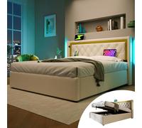 Cama Tapizada con Algodón, Con USB Type C e Iluminación LED en Cabecero, Cama con Canapé de Almacenaje Hidráulico y Somier, Cama Juvenil para Dormitorio y Apartamento, Beige, 140 x 200 cm, Sin Colchón