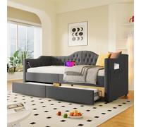 Cama tapizada con base de carga USB-C, 2 cajones grandes y capacidad de carga de 158 kg, diseño de lino gris para salón, habitación de invitados y espacios pequeños (90 x 190 cm, sin colchón)