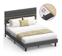 VASAGLE Marco de Cama Matrimonial, Marco para Colchón de 140 x 200 cm, Cabecero Acolchado Ajustable, Metal y Madera, Estilo Moderno, Gris Pizarra RMB504G01