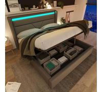 Cama Tapizada con Canapé Hidráulico y LED, Piel Sintética, Gris, 160x200 cm