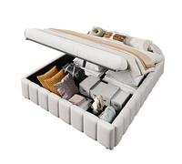 Cama tapizada con espacio de almacenamiento hidráulico de lino y MDF, moderno marco de cama sin cabecero, somier de láminas robusto, gran almacenamiento oculto, fácil de montar, carga máxima de 226 kg