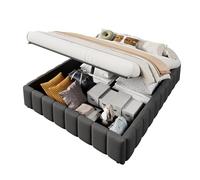 Cama tapizada con espacio de almacenamiento hidráulico de lino y MDF, moderno marco de cama sin cabecero, somier de láminas robusto, gran almacenamiento oculto, fácil de montar, carga máxima de 226 kg