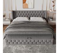 Cama tapizada con forma de orejas, doble fila de remaches, franela, costuras de botones, cabecero y pie de cama, cama doble, cama funcional hidráulica, la parte inferior de la cama está hecha de tela
