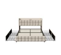 Cama tapizada con función de carga usb y cabecero led y 4 cajones, cama doble 140x200cm canapés estructura de cama juvenil, somier de láminas de madera, sin colchón, color beige