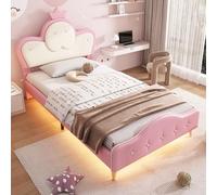 Cama tapizada, cuna con bordes protectores suaves, tira LED monocroma, cabecero con corona, pies de cama de metal, forma ondulada con punto de tracción en la cabecera de la cama, cama individual, PU