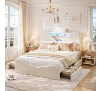 Cama tapizada de 140 x 190 cm con cabecero de almacenamiento, cama de almacenamiento con 4 cajones, cama doble con LED, cama funcional con somier, moderno acolchado, terciopelo, beige (140 x 190 cm)