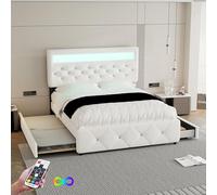 Cama tapizada de 140 x 200 cm (90 x 200 cm), cama doble de lino con cama extraíble, cama infantil con 2 cajones, cabecero ajustable con LED (beis, 140 x 200 cm (90 x 200 cm)