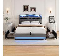 Cama tapizada de 140 x 200 cm, cama con iluminación LED y conexión USB, cama doble moderna con 4 cajones y espacio de almacenamiento, cabecero con somier, sin colchón (gris, 140 x 200 cm)